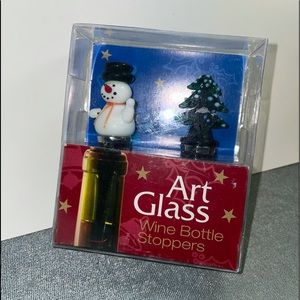 Set of 2 Art Glass Wine Bottle Stoppers.  Snowman and a Christmas Tree.
